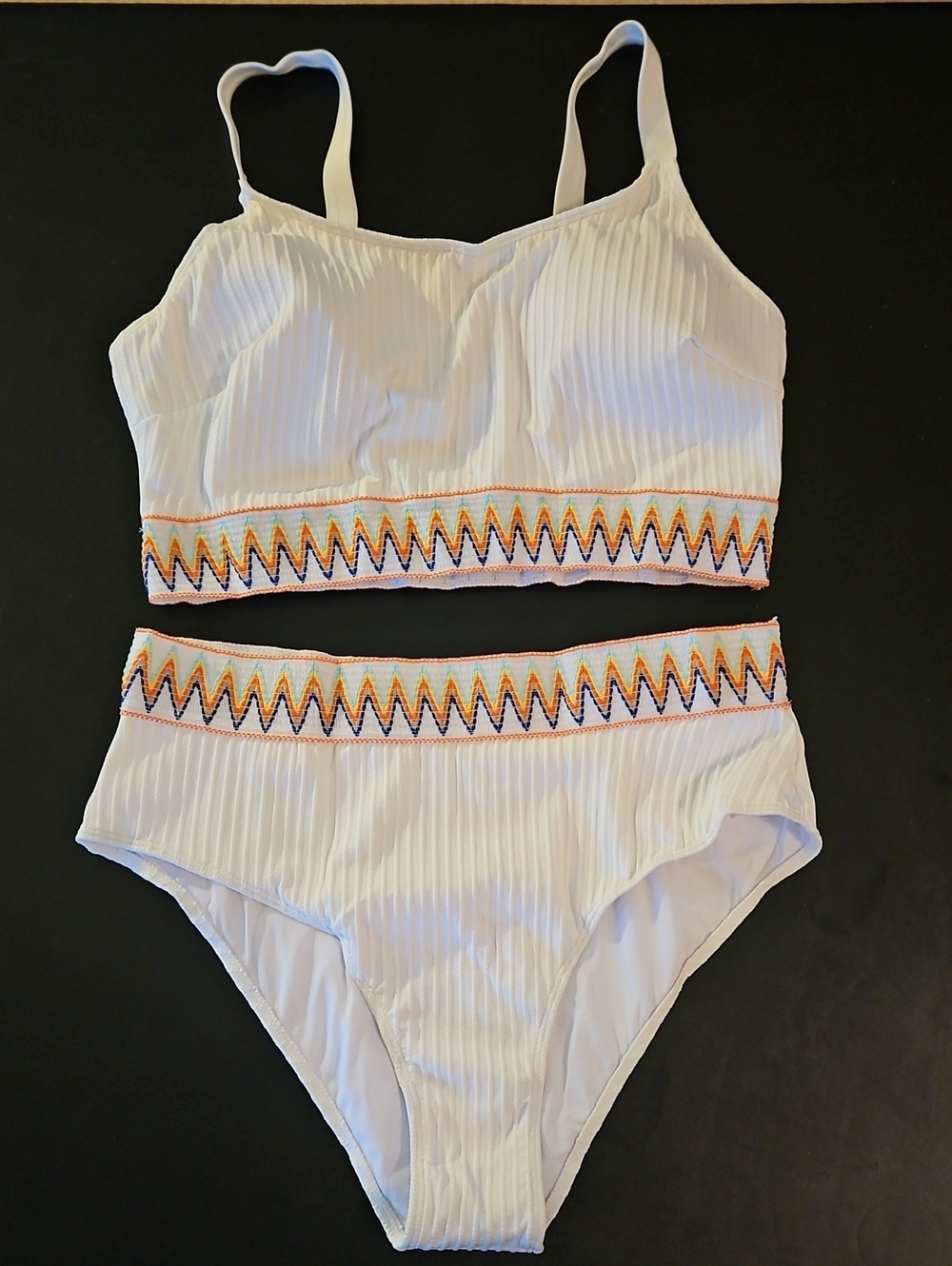 SHEIN White Ribbed Two-Piece Bikini with Multicolor Chevron Trim